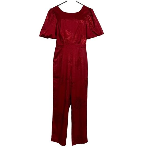NWT Lulus Time After Time Jumpsuit Women's Size S Deep Red Jacquard Puff Sleeve - Picture 2 of 9